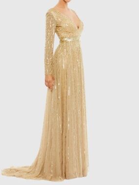 Mac Duggal Gold Sequin Long-Sleeve V-Neck Evening Gown